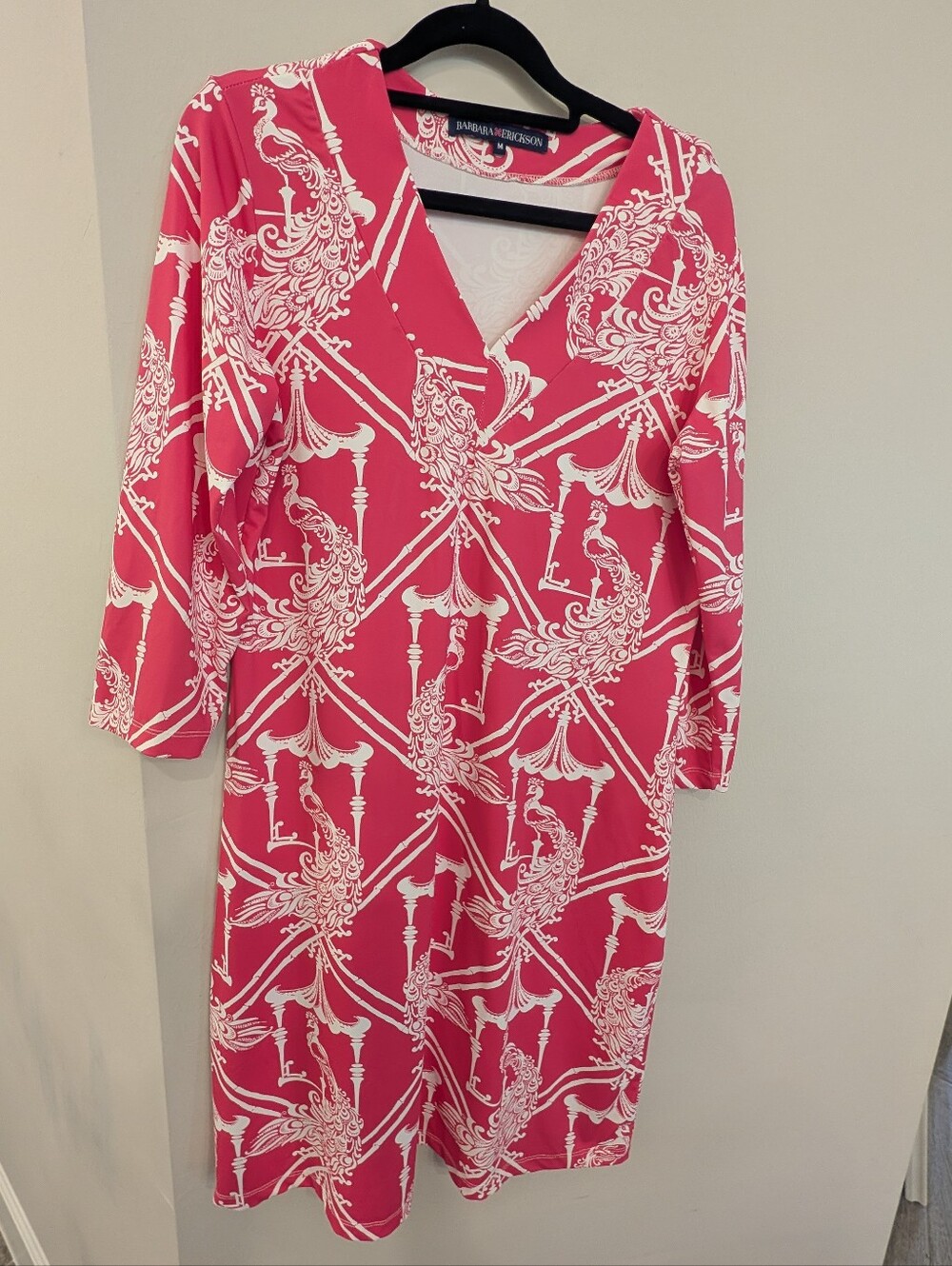 Barbara Erickson 3/4 Sleeve Knee Length Hot Pink & White Dress Women's M